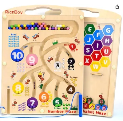 C02341 Magnetic Number Alphabet Maze Board, 2 in 1 Double Side Wooden Puzzle Color Sorting Game for Kids Age 3 4 5,Preschool