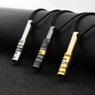 Engraved Name Letter Hoop Charm Bar Pendant Leather Necklace Fashion Stainless Steel Pendant Leather Necklace for Father's Day