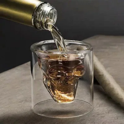Double-layered Transparent Skull Head Coffee Mug Crystal Glass Cup for Home Bar Club Whiskey Wine Vodka and Beer Wine Glass