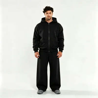 Men Solid Color Zip up Hooded 2 Piece Tracksuit,Streetwear Sports Suit,for Outdoor Casual Daily Use,OEM Custom Logo Available