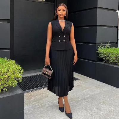 New Arrival Summer Ladies Two Piece Sets Dress Set Casual Suit Two Piece Collar Double-breasted Waistcoat Pleated Skirt Set