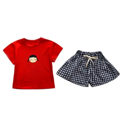 Hot Selling Summer Baby Girl Casual Red Cartoon Print Short Sleeves/Black Checked Shorts Tracksuits Made in China
