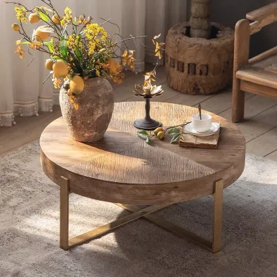 Vintage Round Reclaimed Wood Coffee Table Metal X Shape Legs Rustic Farmhouse Wooden Center Table Decorative for Living Room