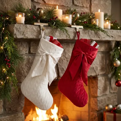 Luxury Quilted Christmas Stockings with Large Satin Bow Elegant Xmas Gift Bags for Fireplace Mantel Holiday Home Decor