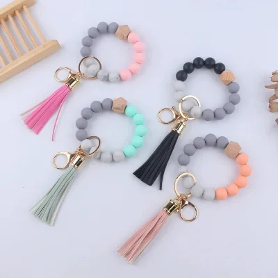 SC Newest Silicone Tassel Key Ring Bracelet Keychain Holder Cute Silicone Beaded Keychain for Men Women