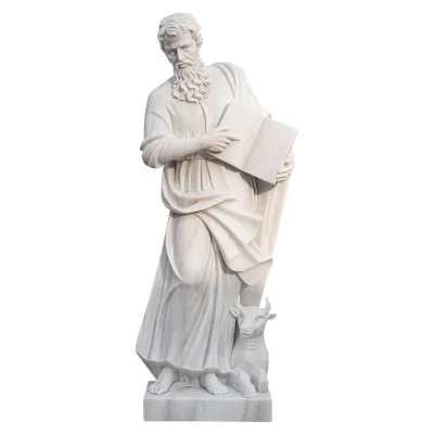 Custom Large Religious Sculpture of Saint Luke Handcrafted Marble Apostle Artwork Holding Holy Scriptures