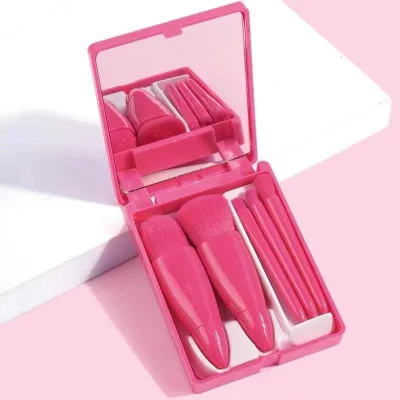 Cosmetic Makeup Brush Set 5pcs Portable Travel Set Fiber Wool Comes with Make-up Mirror
