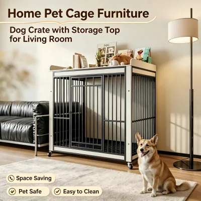 Modern Wooden Frame Metal Dog Cage Storage Top Platform Rolling Heavy Duty Pet Cage Wheels for Medium/Large Dogs Living Room Use