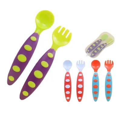 Portable Baby Food Feeding Spoon Fork Set Learning Cutlery Non-Slip Handles Feeding Training Cutlery Baby Cutlery