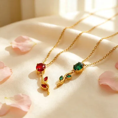 Women Fashion Jewelry 18k Gold Plated Stainless Steel Pave Zircon Tulip Pendant Necklace for Daily Gift