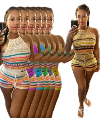 Beautiful Colourful Crochet Set Shorts and Top Halter Backless Sweater Woman Set Shorts Summer Products Good Stretchy Knit Set