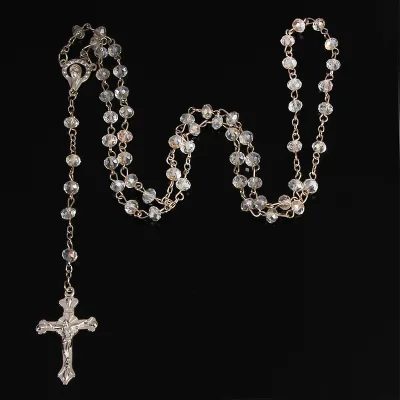 1Pcs Catholic Crystal Beads Rosary with Crucifix Medal and Link Chain Cross Crucifix Communion Rosary for Women