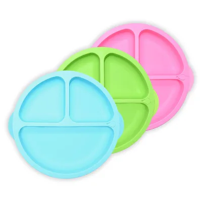 Benhaida Toddler Led Weaning Supplies Divided Plate with Lid Insulated Double Layer Silicone Suction Baby Feeding Plate