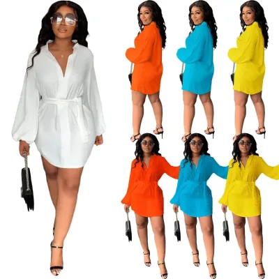 European and American Women's Spring and Autumn Loose V-neck Casual Dress With Bubble Sleeves Plus Size Dress