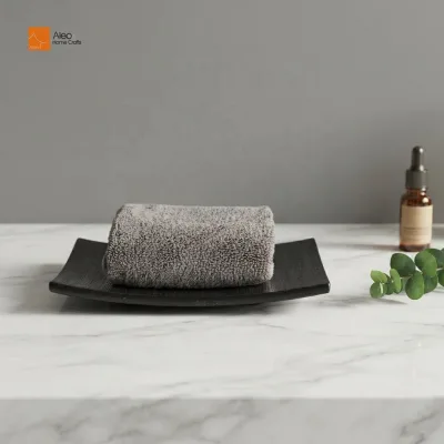 OEM Luxury Eco-Friendly Polyresin Tray Bathroom Set Black Rough Texture Face Towel Holder Dish for Five-Star Hotels