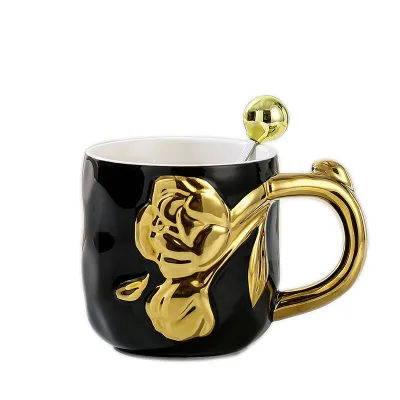 15OZ Creative Electroplated Rose Flower Relief Ceramic Coffee Mug with Lid Home Office Embossed Flower Drinking Cup with Spoon