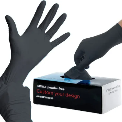Custom Box Finger Texture Mechanical Heavy Duty Industry Tattoo OEM logo Powder Free Disposable Glove Black Nitrile Gloves