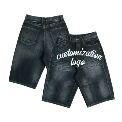 American-style Summer Hip Hop Mid Water-washed Distressed Three-dimensional Pleated Cat-hair Denim Short Three-quarter Length
