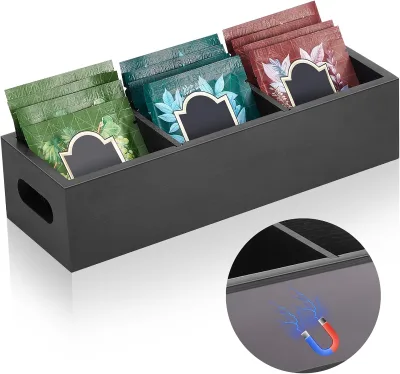 Wood Rectangle Tea Bag Organizer with Lacquer Technique for Food Storage