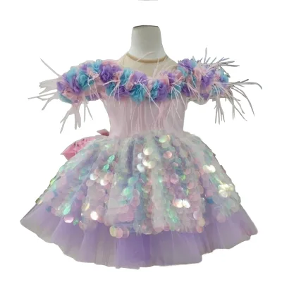 Luxury Purple Flower Kids Party Dress with Sequins Feathers Bows Ruffles Appliques and Pleats ODM Formal Summer Style