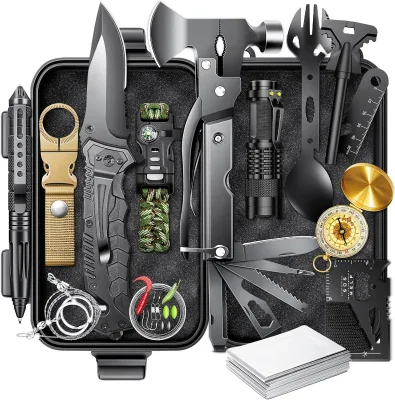 21 in 1 Compact Survival Gear Kit Waterproof Hard Case, Camping Emergency Tool Set Unique Mens Birthday Christmas Gift