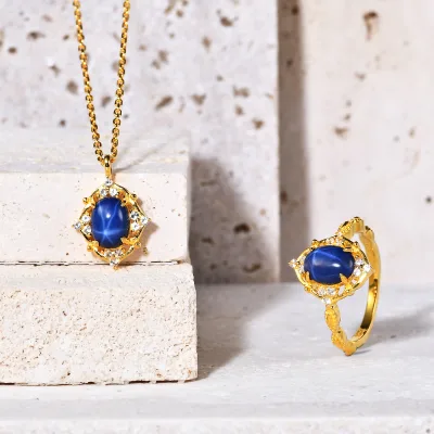 C8006 Abiding Delicate Cubic Zirconia Lab Star Sapphire Gold Plated 925 Sterling Silver Flower Ring Necklace Women Jewelry Set