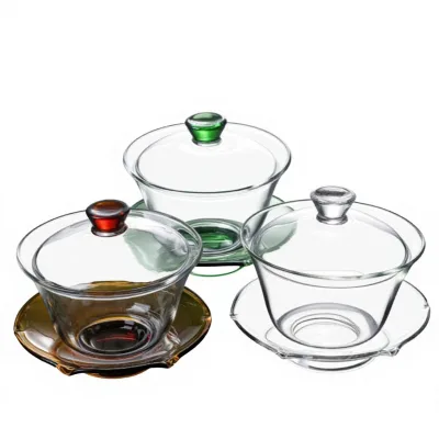Large Lotus-shaped Teacup Heat-resistant 200ml Home Use Kung Fu Tea Set Borosilicate Glass Three-piece Covered Bowl Modern