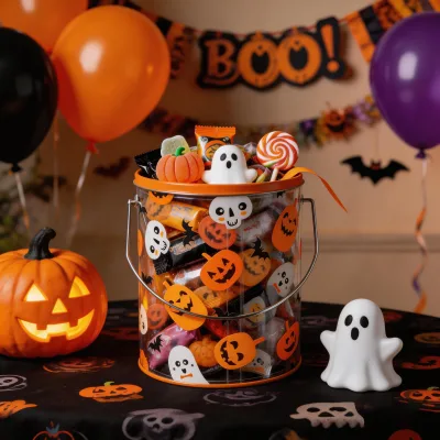 Custom Halloween Pumpkin Pattern Clear Plastic Tin Pails with Metal Handle for Trick or Treat Candy Packaging Wholesale