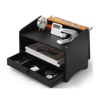Bamboo Black Desk Organizer Office Organizers for Desk 3 Tier With Drawer Organizers and Storage (Modern Black)