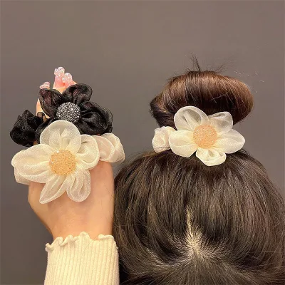 PL Fashion Woman Pearl Hair Ties Flower Hairband Girls Ponytail Holders Rubber Band Hair Accessories
