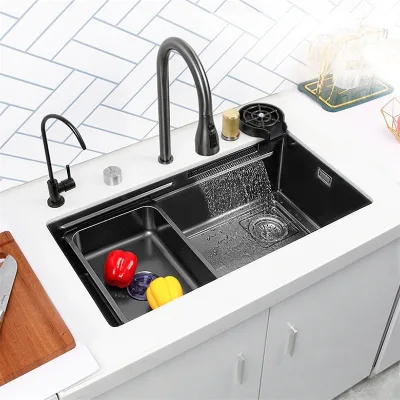 Hidden Waterfall Undermount Stainless Steel Single Bowl Kitchen Sink With Basket Strainer Drain