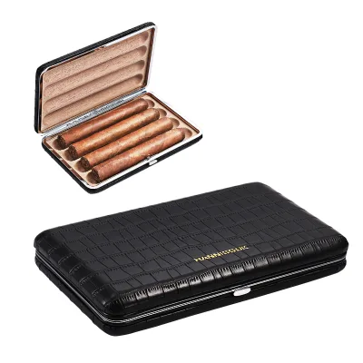 Black Portable Four Cigar Leather Case Cedar Wood Cigar Box Cigarette Factory Wholesale