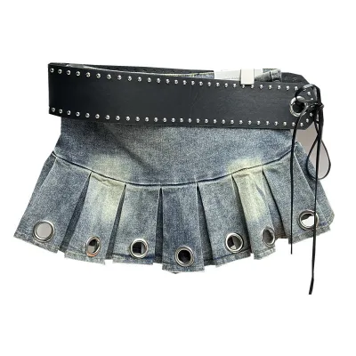 Peeqi Y2K Street Style Punk Pu Belt Pleated Mini Skirt with Shorts 2025 Summer Fashion Jeans New Denim Skirt Women Lady