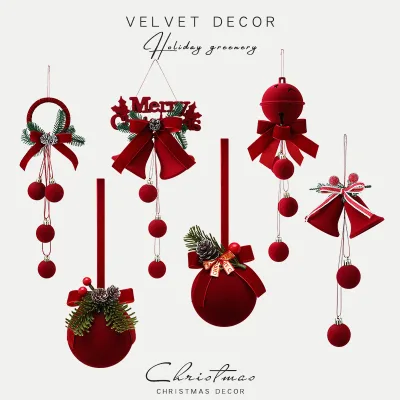 Red Velvet Christmas Ball Ornaments Bell Wreath Set Eco-friendly Holiday Tree Decoration Reusable Festive Party Supplies