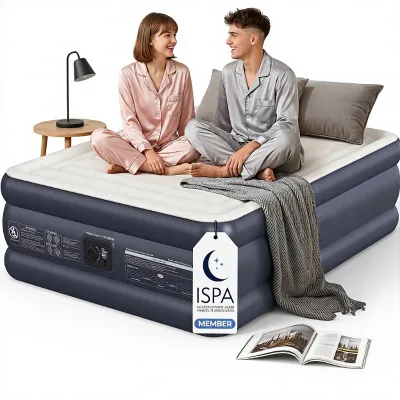 Queen Air Mattress Built-in Pump 800 LBS Faux Suede Cover Horizontal I-Beam Support Puncture Resistant Carry Bag Home
