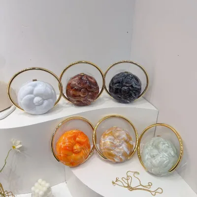 Round Acrylic Camellia Clutch Bag Women's Marble Pattern Evening Purse Hollow Ring Handle Magnetic Closure Dinner Bag for Party