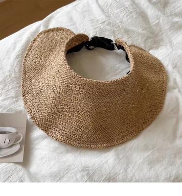 Women Natural Grass Floppy Character Handmade Visor Hat with Adjustable Elastic Buckle for Outdoor Travel
