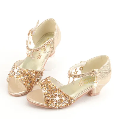 Summer New Korean-style Girls High-heeled Non-slip Wear-resistant Cork Fish-mouth Sandals Student Older-child Silver Sequin