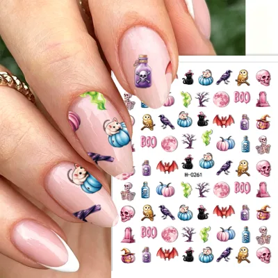 3D Halloween Nail Stickers Peel Off Self Adhesive Nail Decals Pumpkin Bat Skull Crow Design Nail Art Decor for Manicure