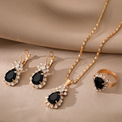 Black Gemstone High-End Design Jewelry Alloy Jewelry Set Four Piece Jewelry Set