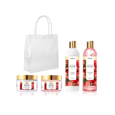 Custom Private Label Bath Gift Set 4pcs Rose Body Care Beauty Moisturize Bubble Shower Lotion Scrub Spa Bath Set