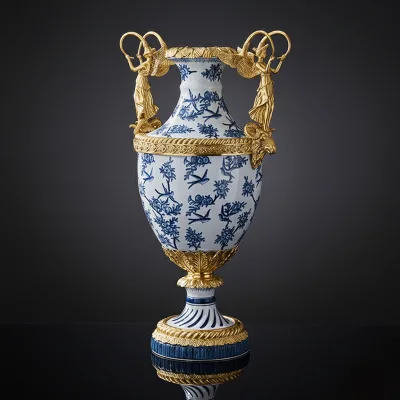 Wholesale Luxury Hand-painted Blue White Porcelain Vase Ornate Gilt Bronze Angel Handle Ceramic Jar for Royal Hall