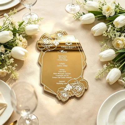 Wholesale Luxury Custom Gold Mirror Acrylic Wedding Menu Card Floral Print Unique Polygon Event Reception Table Decor