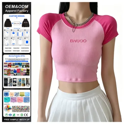 Custom Logo Contrast Color Raglan Short Sleeve Slim Fit Crew Neck Y2K Casual Women's T-shirt