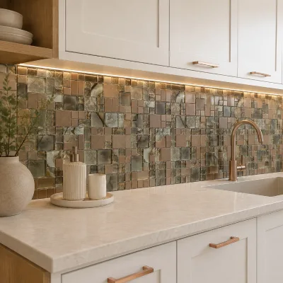 Laminated Glass Mosaic Tile with Brushed Metal Gold Accents for Hotel Apartment Homestay Interior Wall Decoration