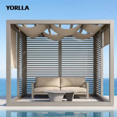 Wholesale YORLLA Aluminum Cabana Horizontal Slatted Screen Fabric Canopy Pergola Custom Patio Furniture B2B