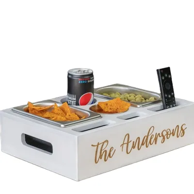 Wholesale Custom Logo Wooden Movie Night Snack Tray Serving Box with Stainless Steel Food Compartments for Home Theater Party