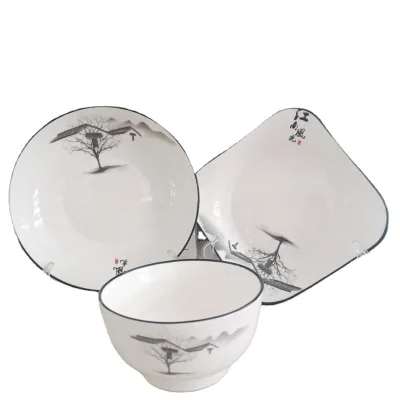 Nordic Style Household Bone China Eco-Friendly Rice Dish Bowl with Celadon Technique and Jiangnan Scenery