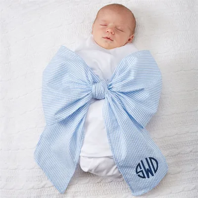 Wholesale Customized Infant Gift Wrap Swaddle Sash Monogrammed Newborn Baby Seersucker Bow Sash