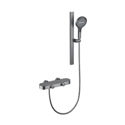 Luxury Modern 4-hole Wall-mounted Thermostatic Shower System Gunmetal Gray Brass Faucets Rain Jet Spray Chrome Wall Mount Sets